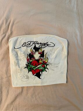 Ed Hardy White Strapless Tube Top with Red Heart and Flaming Cross Graphic